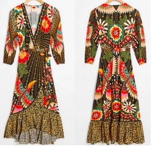 Farm Rio for Anthropologie wrap dress birds colorful xl